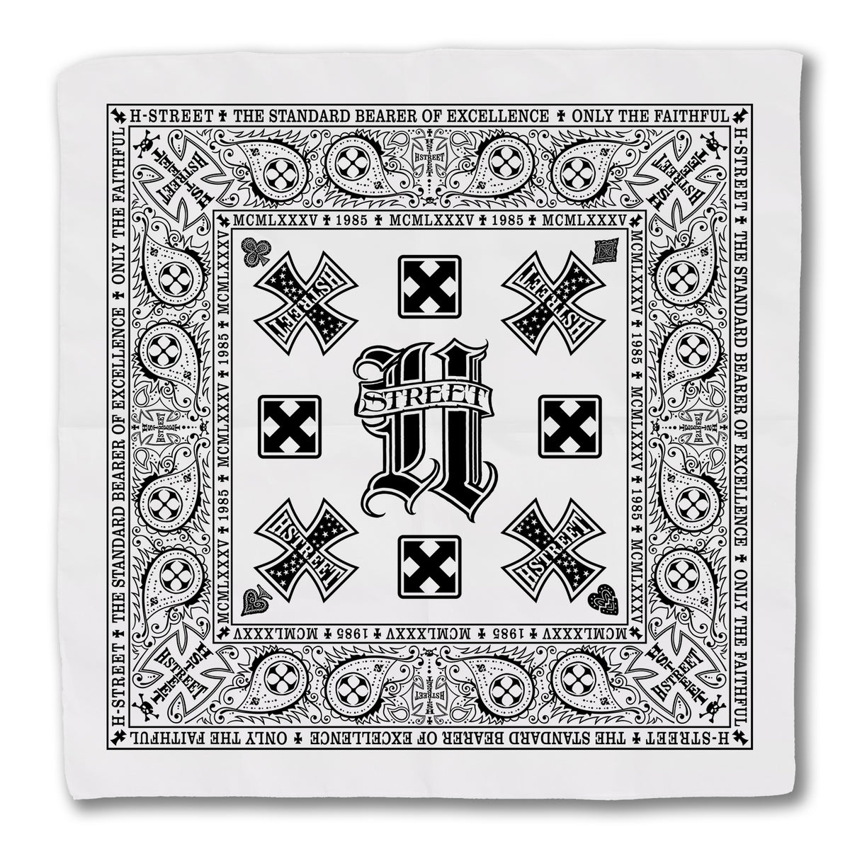 The H-STREET ART BANDANA by China Factory is a black and white cotton bandana with ornate designs, crosses, Roman numerals, and a large center H. The border reads "H-STREET THE STANDARD BEARER OF EXCELLENCE * ONLY THE FAITHFUL *".