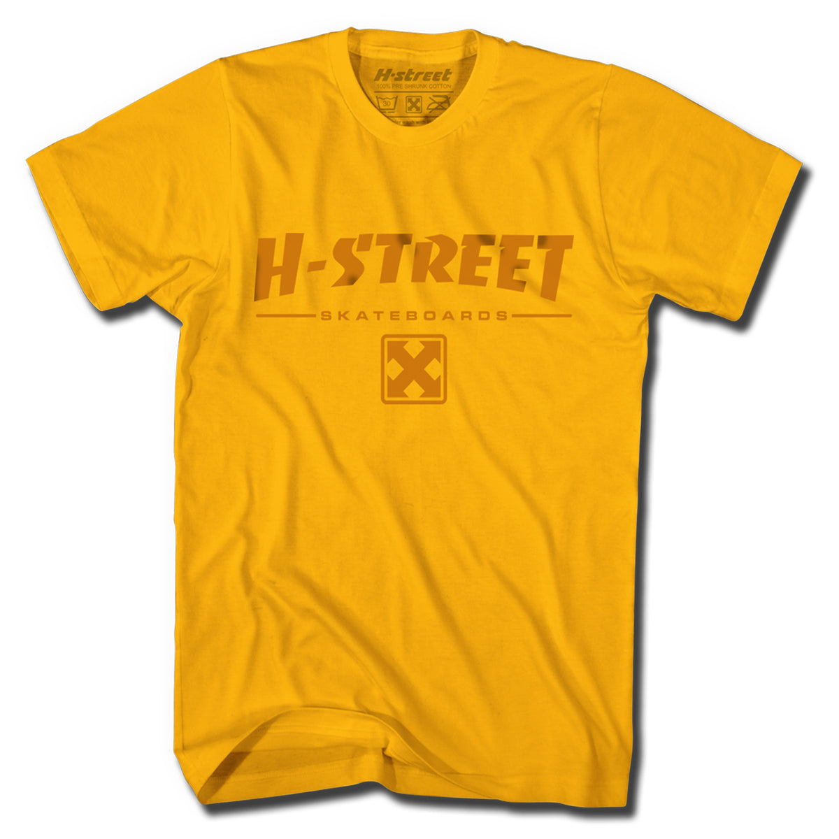 The Minuteman 80' TYPE H-STREET LOGO TEE is a bright yellow vintage shirt with bold H-STREET SKATEBOARDS text and a square X logo in dark yellow—classic punk rock vibe, made in USA.