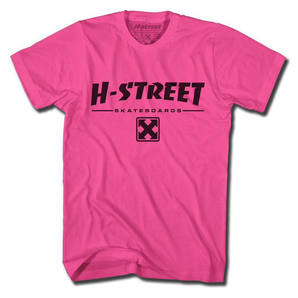 The Minuteman 80' TYPE H-STREET LOGO TEE is a bright pink vintage punk rock shirt, featuring bold black "H-STREET SKATEBOARDS" text and an X design logo on the front. Made in the USA.