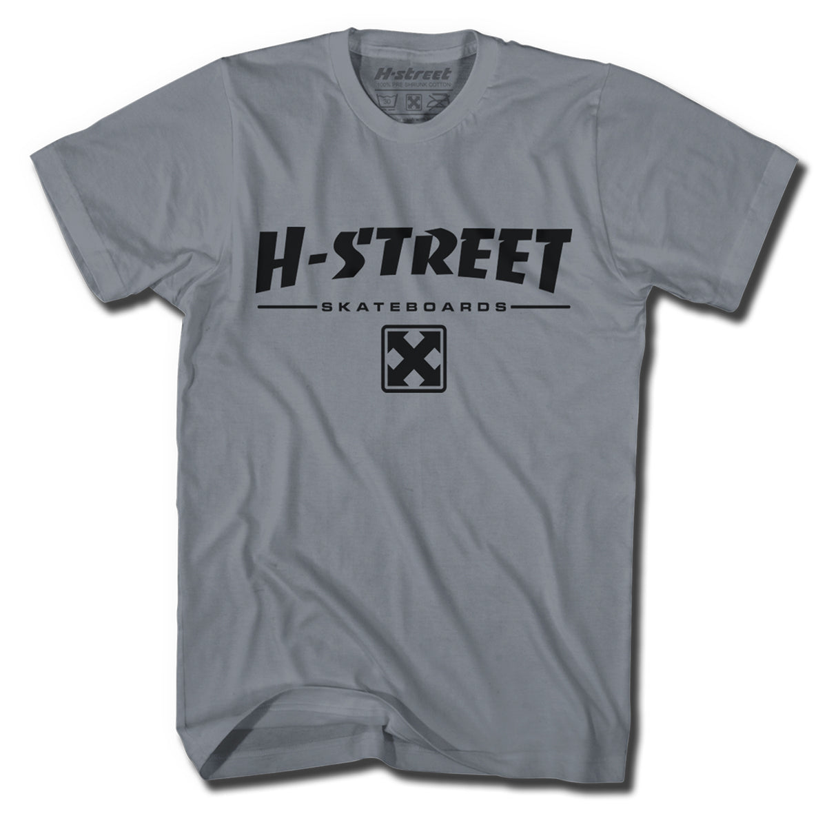 The Minuteman 80' TYPE H-STREET LOGO TEE is a light gray vintage-style shirt with bold black H-STREET text, SKATEBOARDS underneath, and a black-and-white square “X” logo—ideal for punk rock t-shirt enthusiasts.