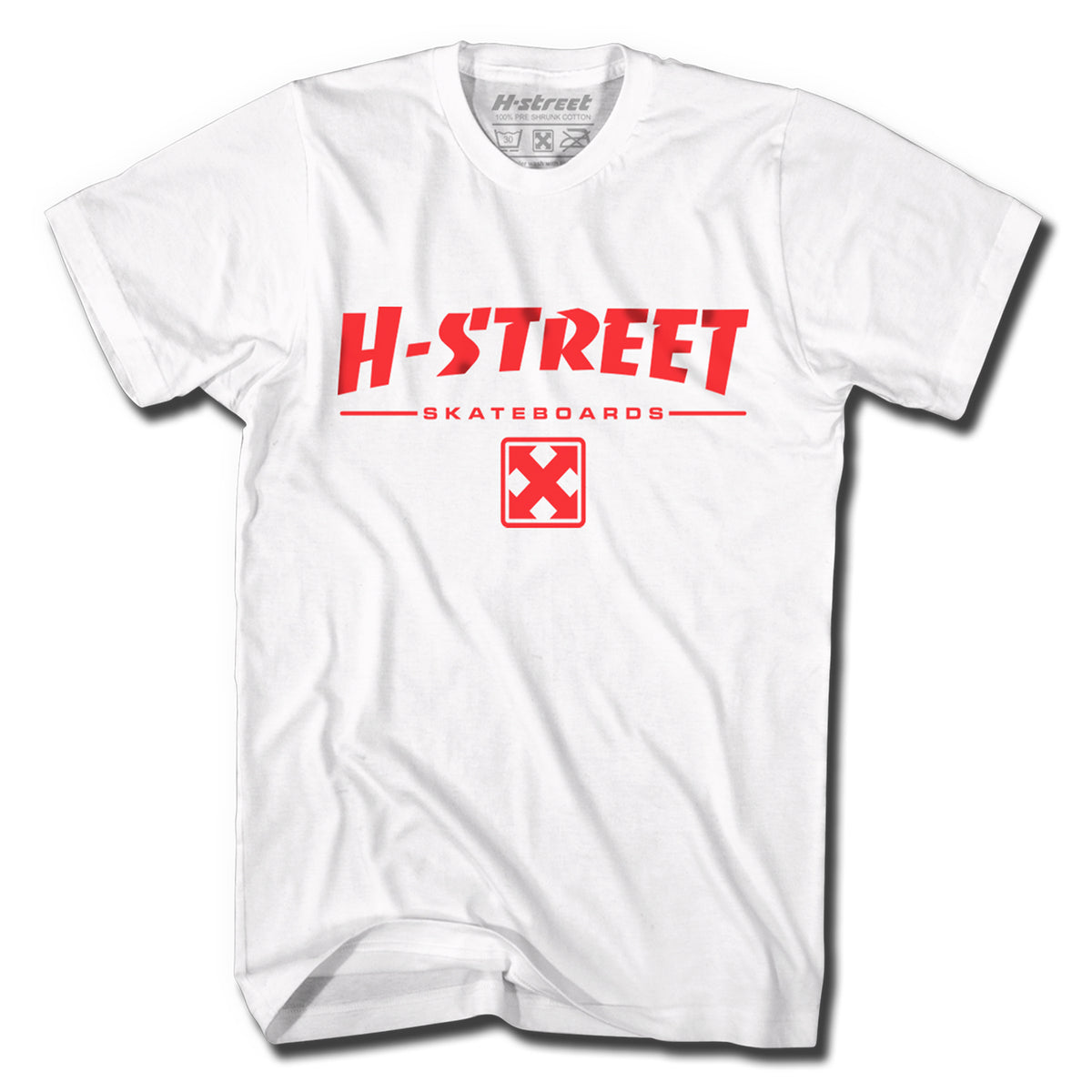 The Minuteman 80' TYPE H-STREET LOGO TEE features a white classic 80s style with bold red H-STREET above SKATEBOARDS and a red square logo with white X, centered on the chest for vintage punk rock vibes.