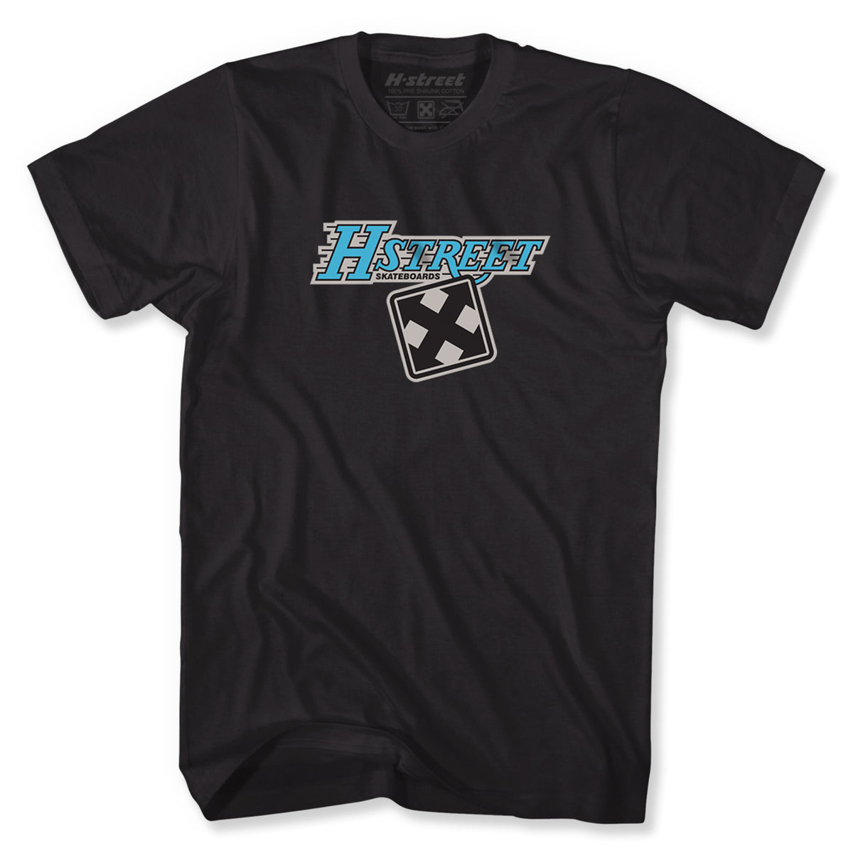 The Minuteman H-STREET CLASSIC LA LOGO TEE features a blue and white H-Street Skateboards logo and a black and white X beneath it, centered on the chest. Made from soft ring-spun cotton for ultimate comfort.
