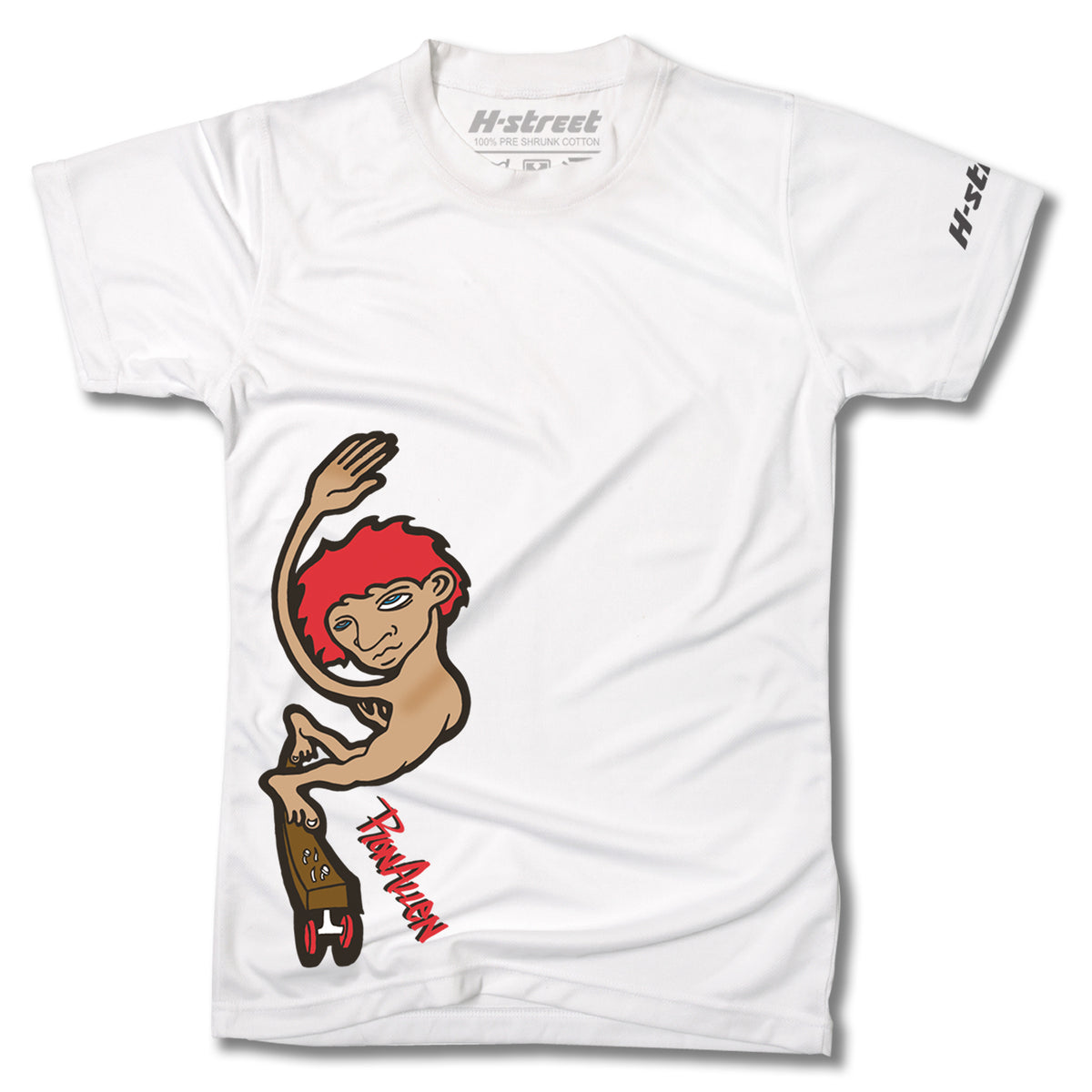 The Minuteman RON ALLEN SECRET TEE, made in the USA, features a red-haired cartoon skateboarder with "Powell Peralta" below and H-Street logos on the collar and sleeve. Crafted from super soft cotton for all-day comfort.