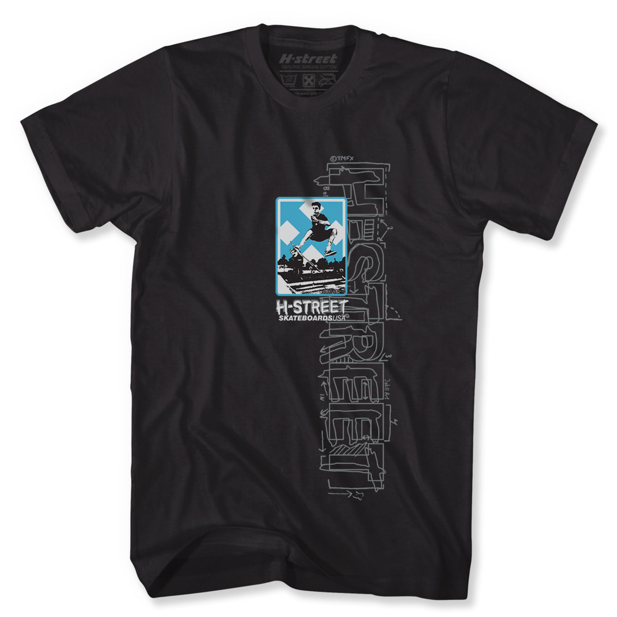 The Minuteman HOKUS POKUS LOGO TEE features a skateboarder on a blue background with H-STREET SKATEBOARD CO. text below and large outlined vertical H-STREET lettering—classic 80s skate video style.