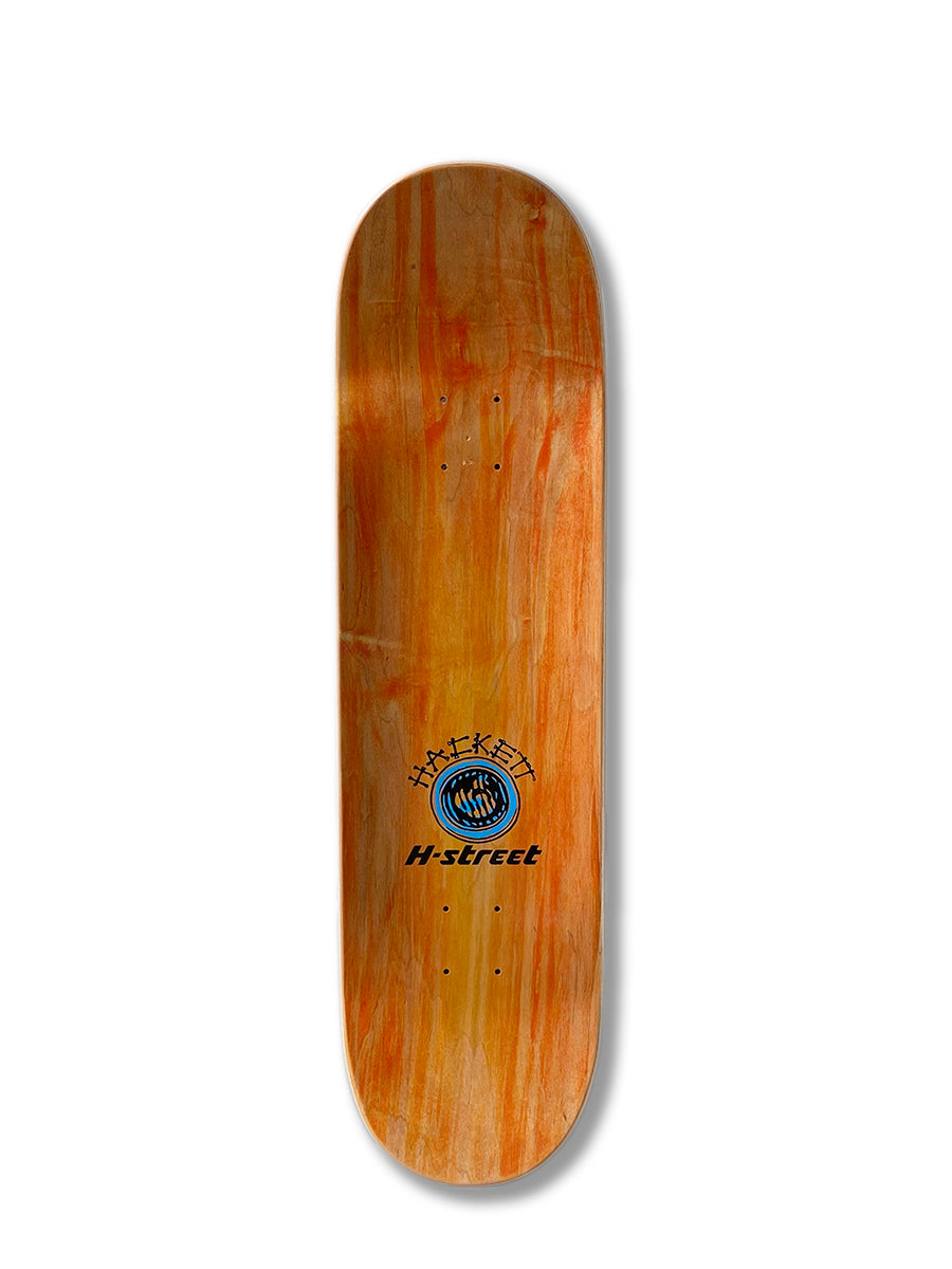 The Perfect Skateboarding DAVE HACKETT SLASH STREET deck features a reddish-brown wood finish and a blue globe graphic with "H-Street" and "HACKETT" above it, celebrating the Hackett Slash collaboration. Shown on a plain white background.