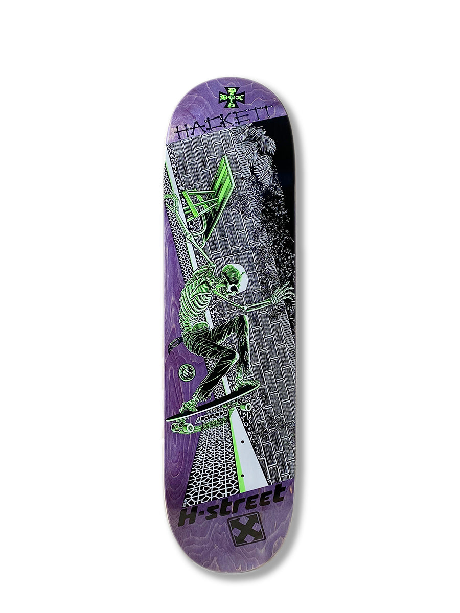 The Perfect Skateboarding DAVE HACKETT SLASH STREET deck features Marc McKee’s skeleton artwork in green and purple, with “H-Street” and “Hackett”—a must-have collaboration for fans.