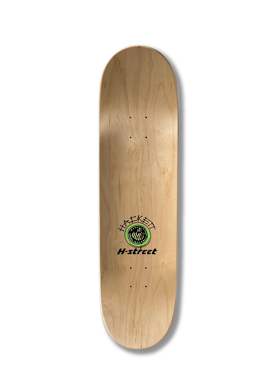 A blank wooden DAVE HACKETT SLASH STREET skateboard deck by Perfect Skateboarding, featuring a small H-Street logo and green graphic near the center, reminiscent of classic Deathbox designs, displayed on a white background.