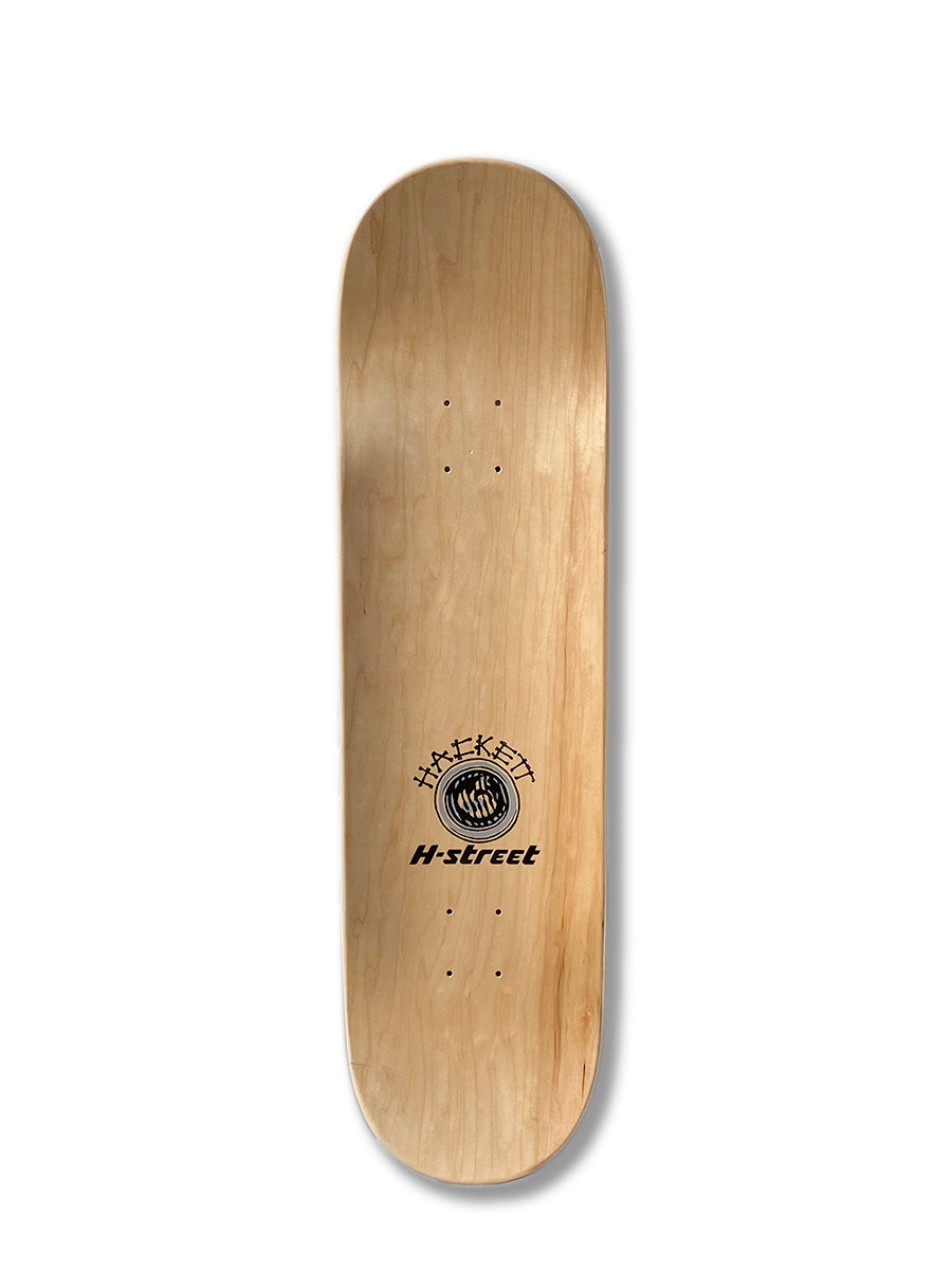 The DAVE HACKETT SLASH STREET by Perfect Skateboarding is a wooden skateboard deck with a natural finish, featuring black "H-Street" text and a circular "Hackett" logo, shown on a white background.