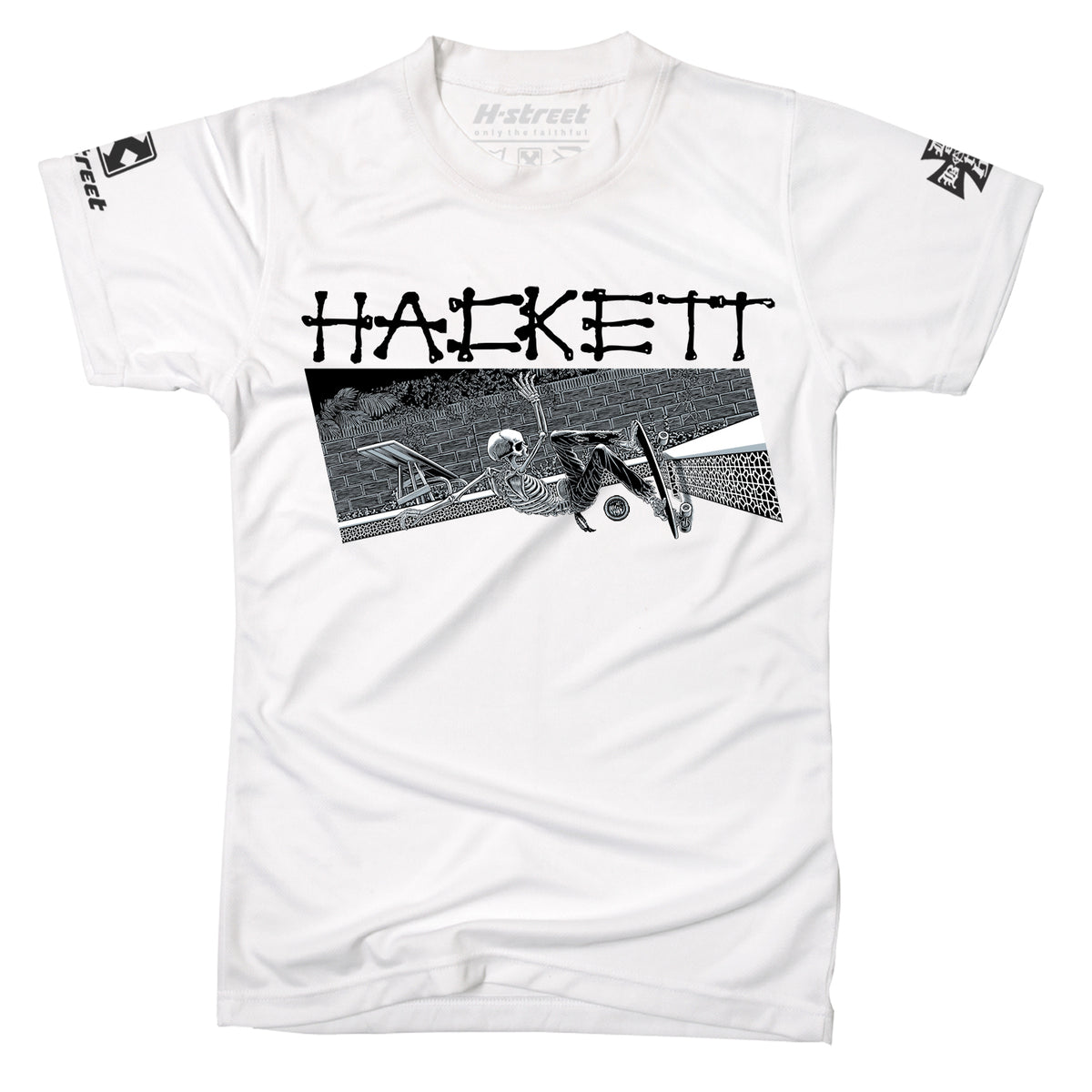 The Minuteman DAVE HACKETT SLASH TEE is a white ring-spun cotton t-shirt with "HAKETT" above a black-and-white skeleton skateboarding amid abstract geometric designs, proudly made in the USA.