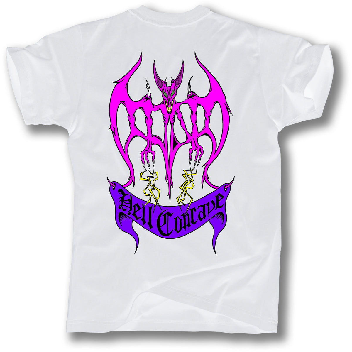 The Minuteman TONY MAG HELL CONCAVE TEE is a white shirt featuring Scott Obradovich's original Bat Logo—a large, jagged purple bat with yellow lightning bolts over “Hell Conclave” in stylized black script at the center.