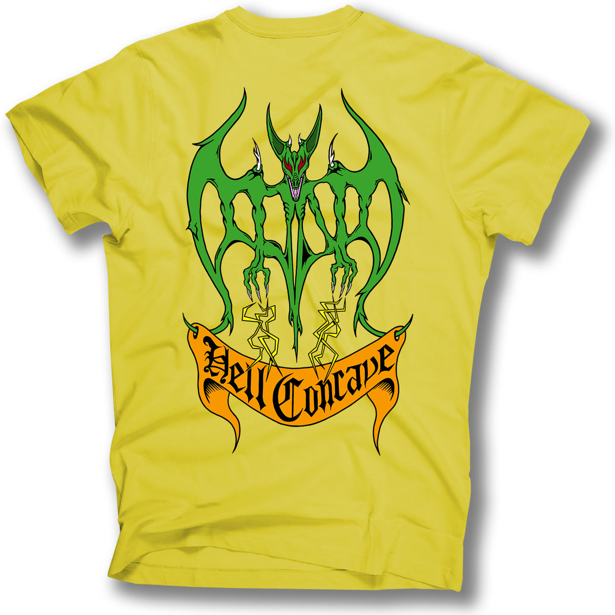 The TONY MAG HELL CONCAVE TEE by Minuteman features Scott Obradovich's Bat Logo in bold green with jagged orange "Hell Concave" lettering beneath the graphic on the back.