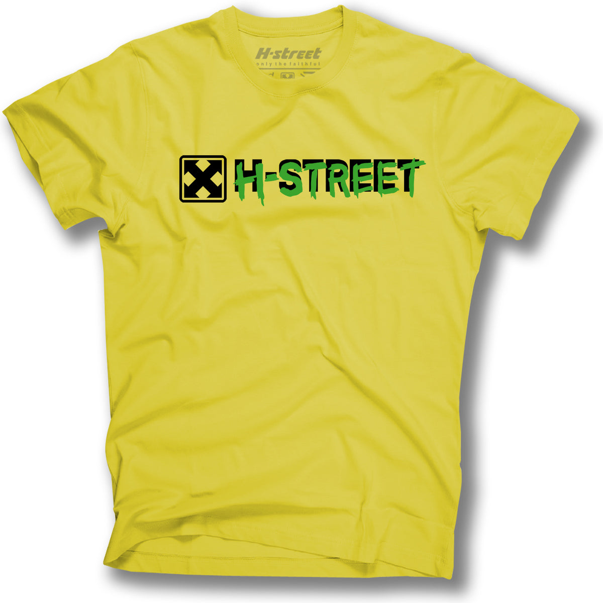 The TONY MAG HELL CONCAVE TEE by Minuteman is a yellow shirt with a bold green and black H-STREET logo, inspired by the original Bat Logo, plus a black and white X icon to the left of the centered chest text.