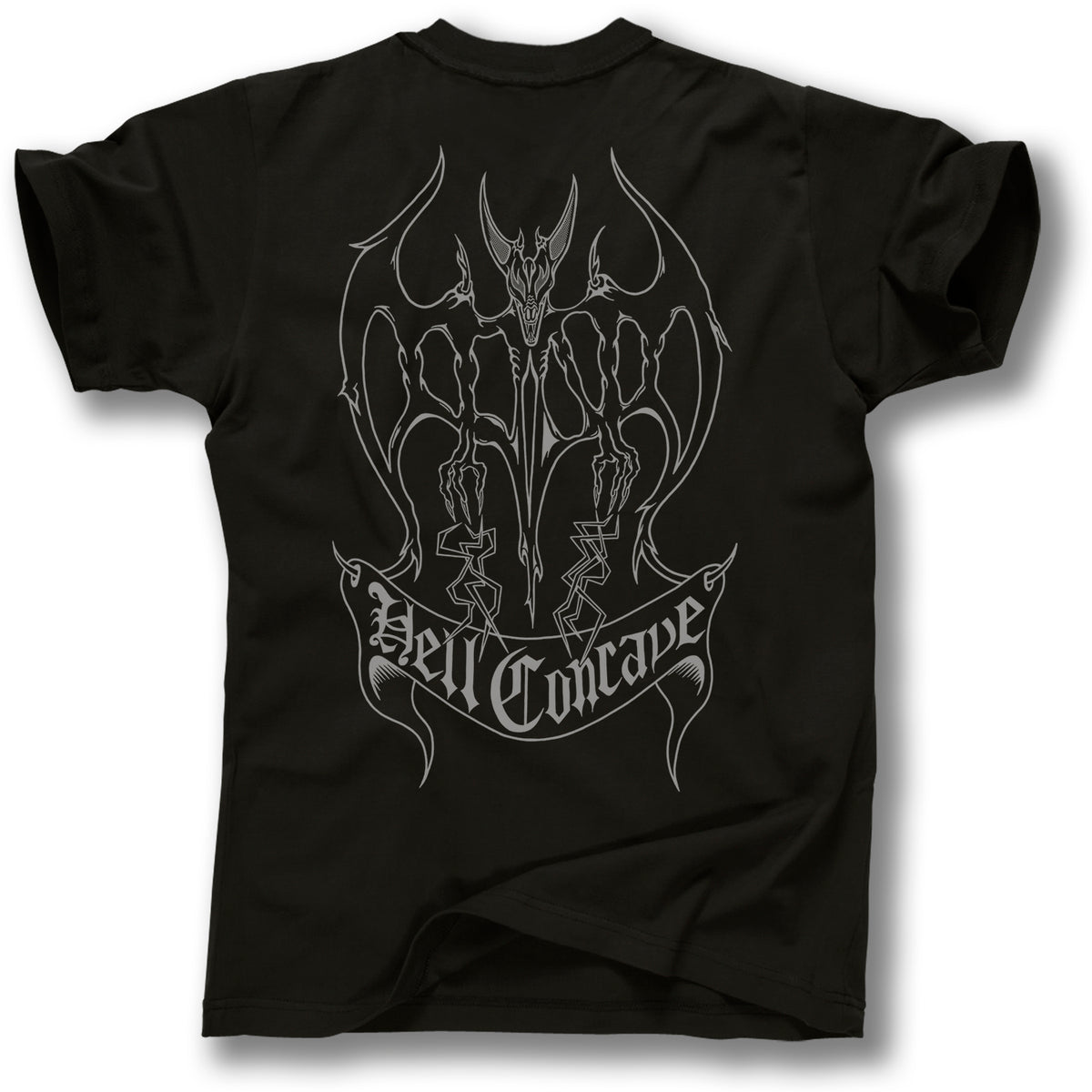The Minuteman TONY MAG HELL CONCAVE TEE features a white, gothic-style graphic by Scott Obradovich with a demonic figure and "Hell Conclave" text on the front, plus an original Bat Logo on the back.