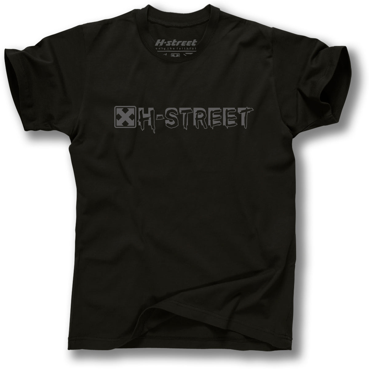 The Minuteman TONY MAG HELL CONCAVE TEE is a black shirt with a gray X symbol and bold, stylized H-STREET text across the chest.