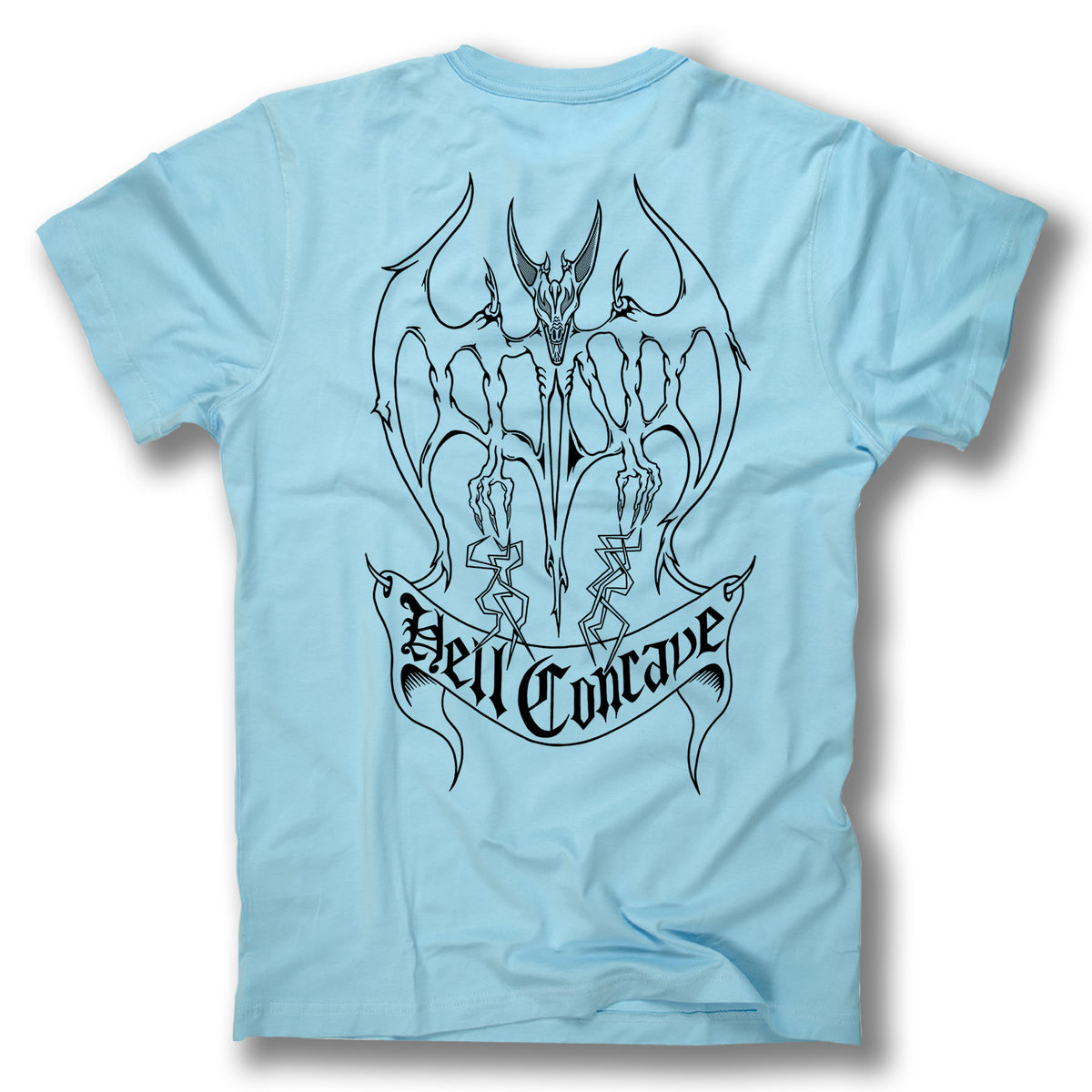 The Minuteman TONY MAG HELL CONCAVE TEE is a light blue shirt with a bold black back graphic of a winged, horned demon and "Hell Conclave" in sharp gothic text, designed by Scott Obradovich for standout style.