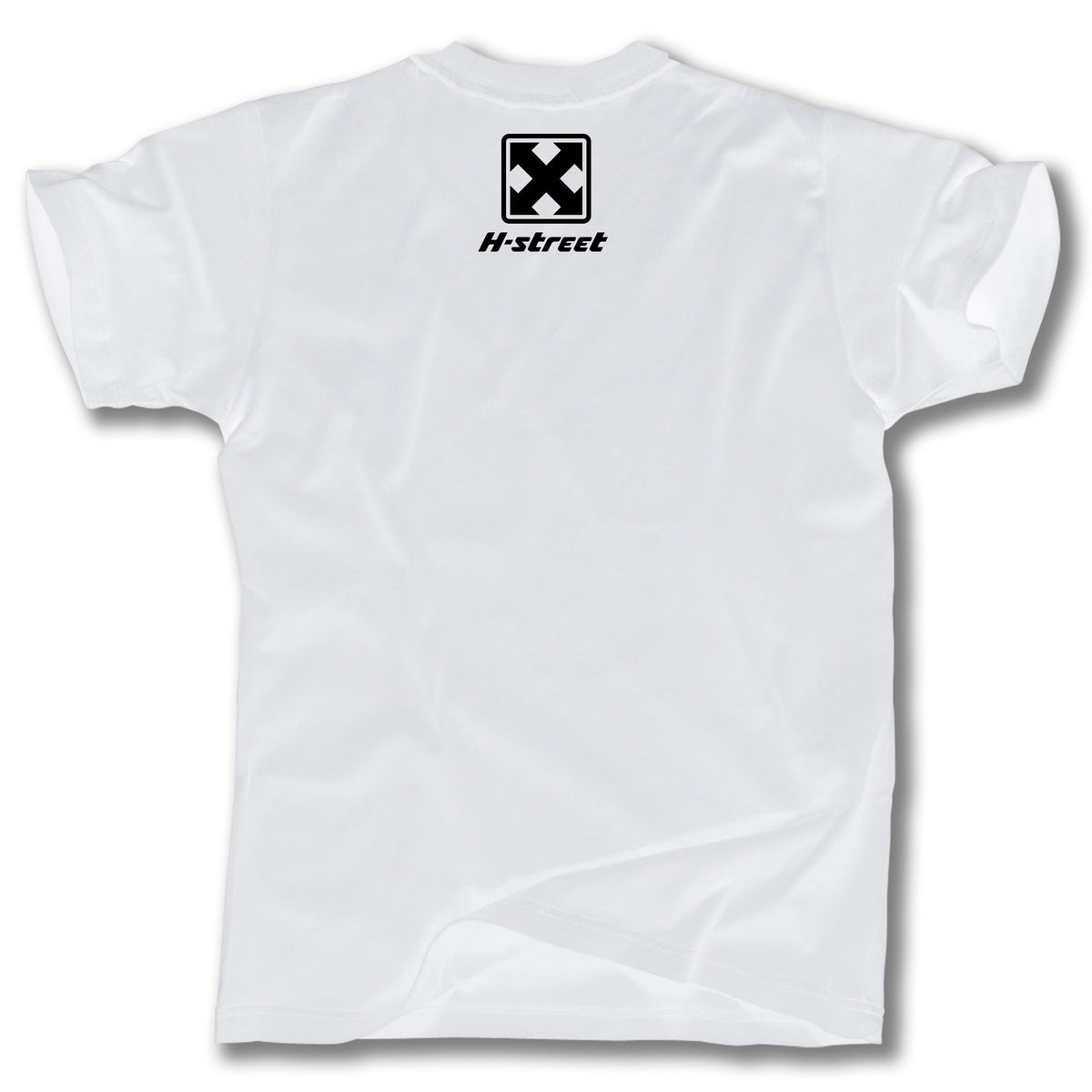 The MATT HENSLEY X STEVE ORTEGA VISTA TEE by Lady Luck is a plain white T-shirt seen from the back, with a black H-street logo and text near the top—honoring the H-Street street skating legacy.