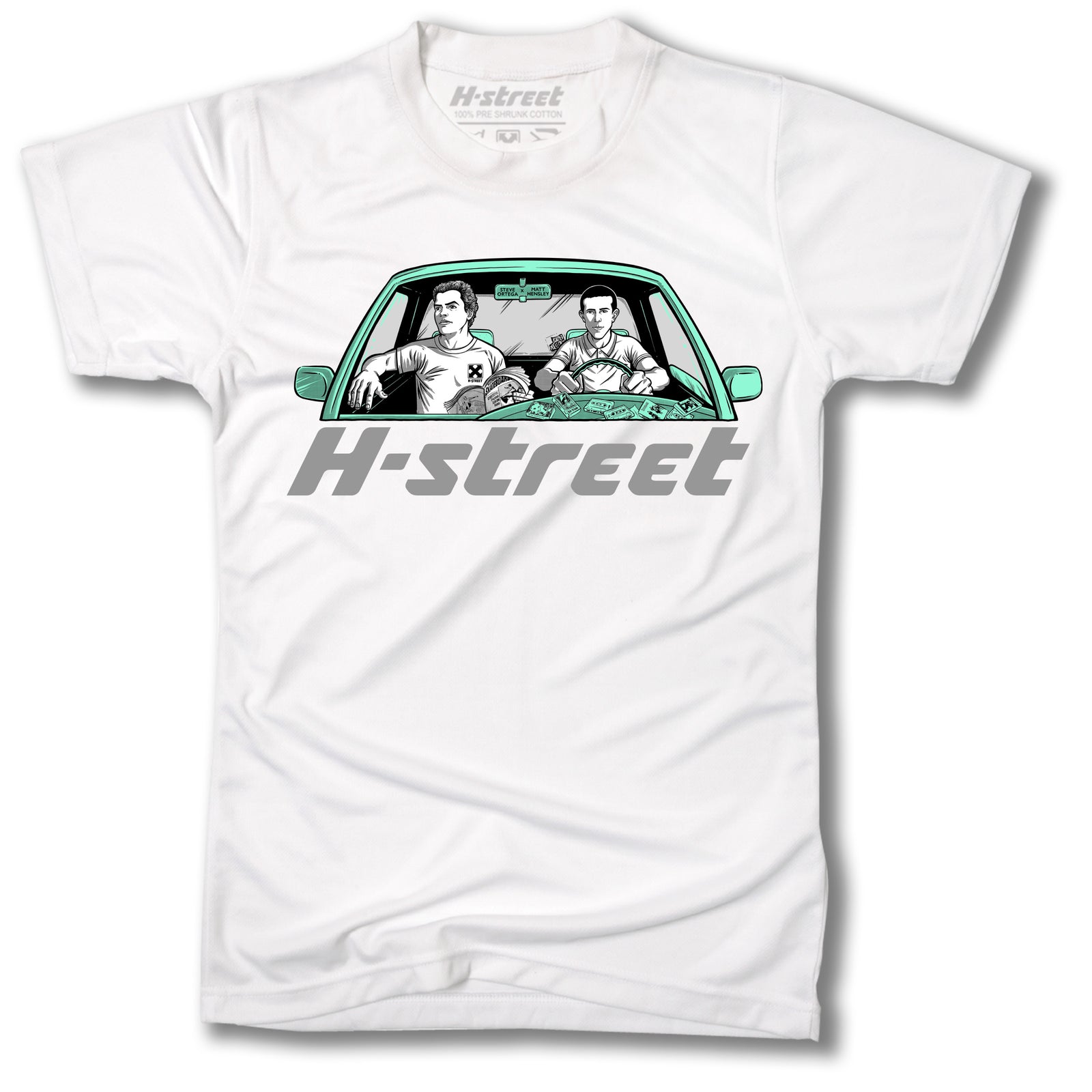The Lady Luck MATT HENSLEY X STEVE ORTEGA VISTA TEE is a white shirt with a front-view illustration of two men driving and "H-street" in bold, stylized letters, honoring street skating and the legendary H-Street legacy.