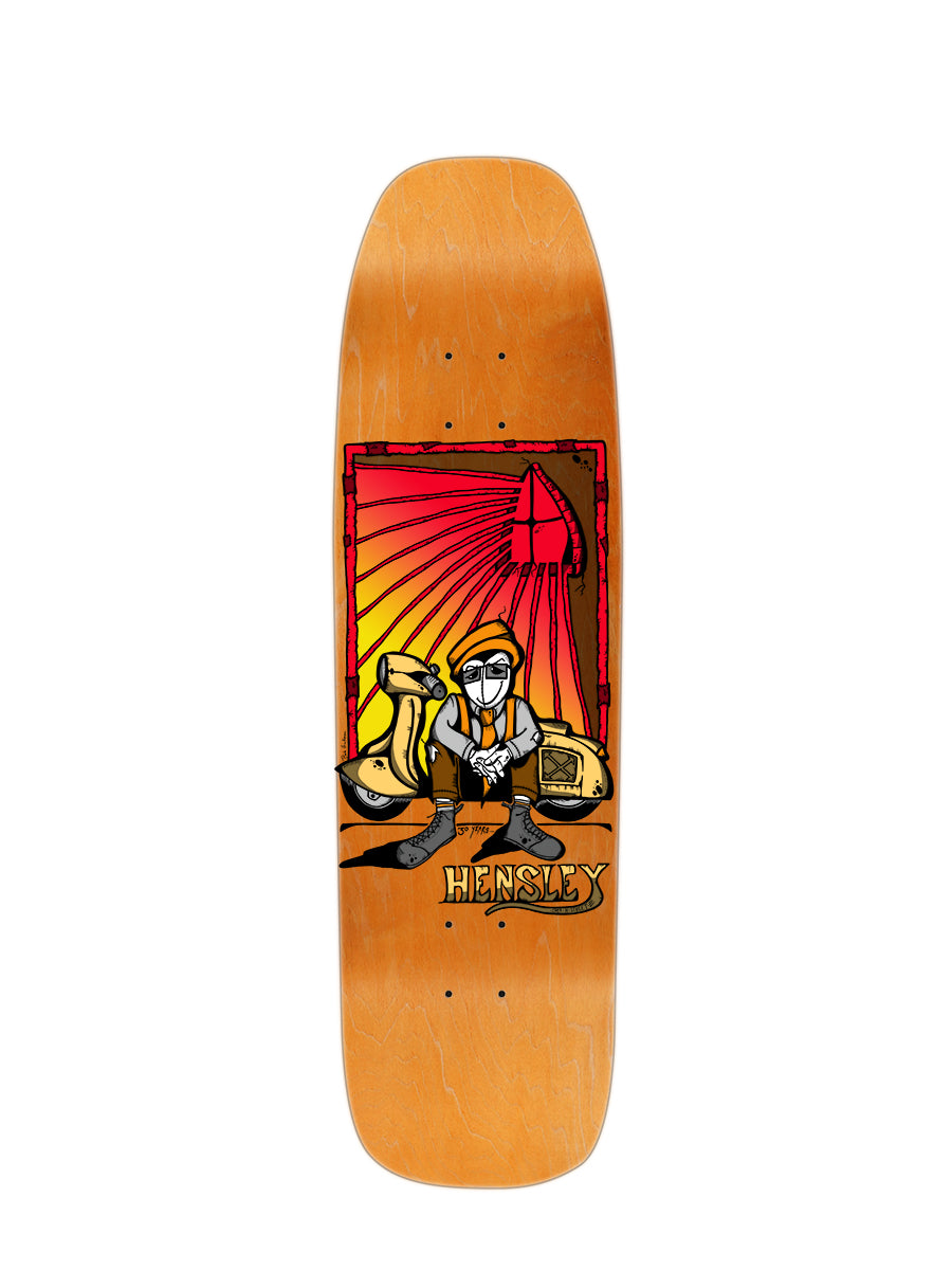 The Woodchuck HENSLEY X HICKMAN GUEST ART PARK&POOL skateboard deck features Bob Hickman’s stained glass-style cartoon crow in a hat and suit with "Hensley" below, set against a bold sunset.