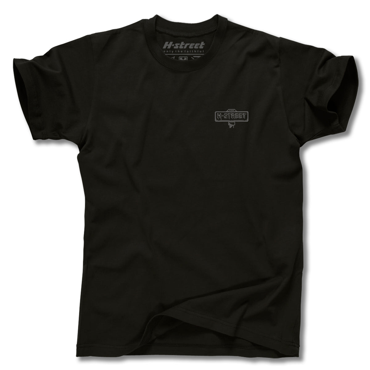 The MATT HENSLEY STREET SWINGER TEE by Minuteman is a plain black tee featuring a small H-Street logo on the left chest and a large graphic logo inside the neckline. Made in the USA.