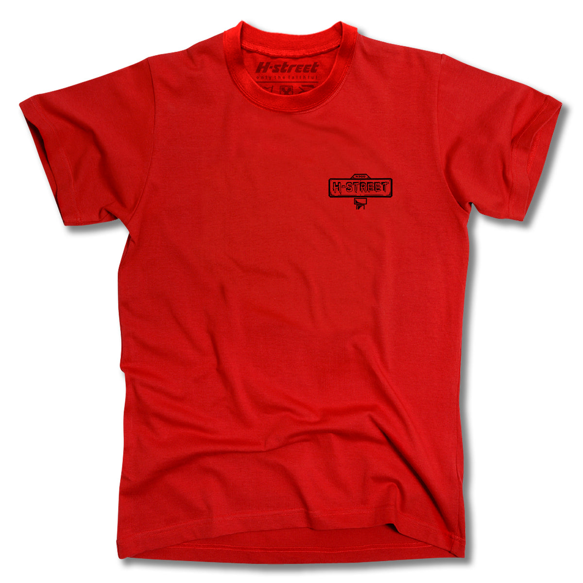 The Minuteman MATT HENSLEY STREET SWINGER TEE is a plain red tee with a small black H-Street logo and street sign graphic on the left chest, laid flat on a white background. Made in the USA.