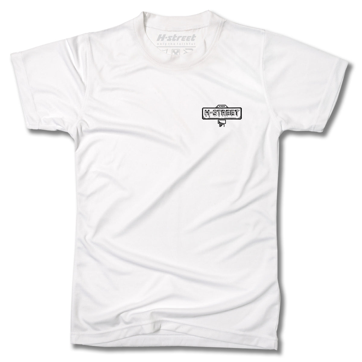 The Minuteman MATT HENSLEY STREET SWINGER TEE is a white short-sleeved shirt featuring a small H-Street logo and dog graphic on the left chest. Made in the USA, it's shown laid flat on a white background.