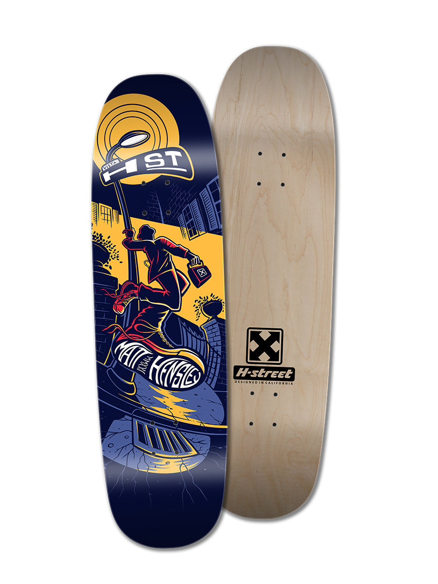 Two Perfect Skateboarding HENSLEY X BARON STREETSWINGER decks: one with a vivid skater-and-city design, the other a plain wood Park & Pool Shape with an H-Street logo.