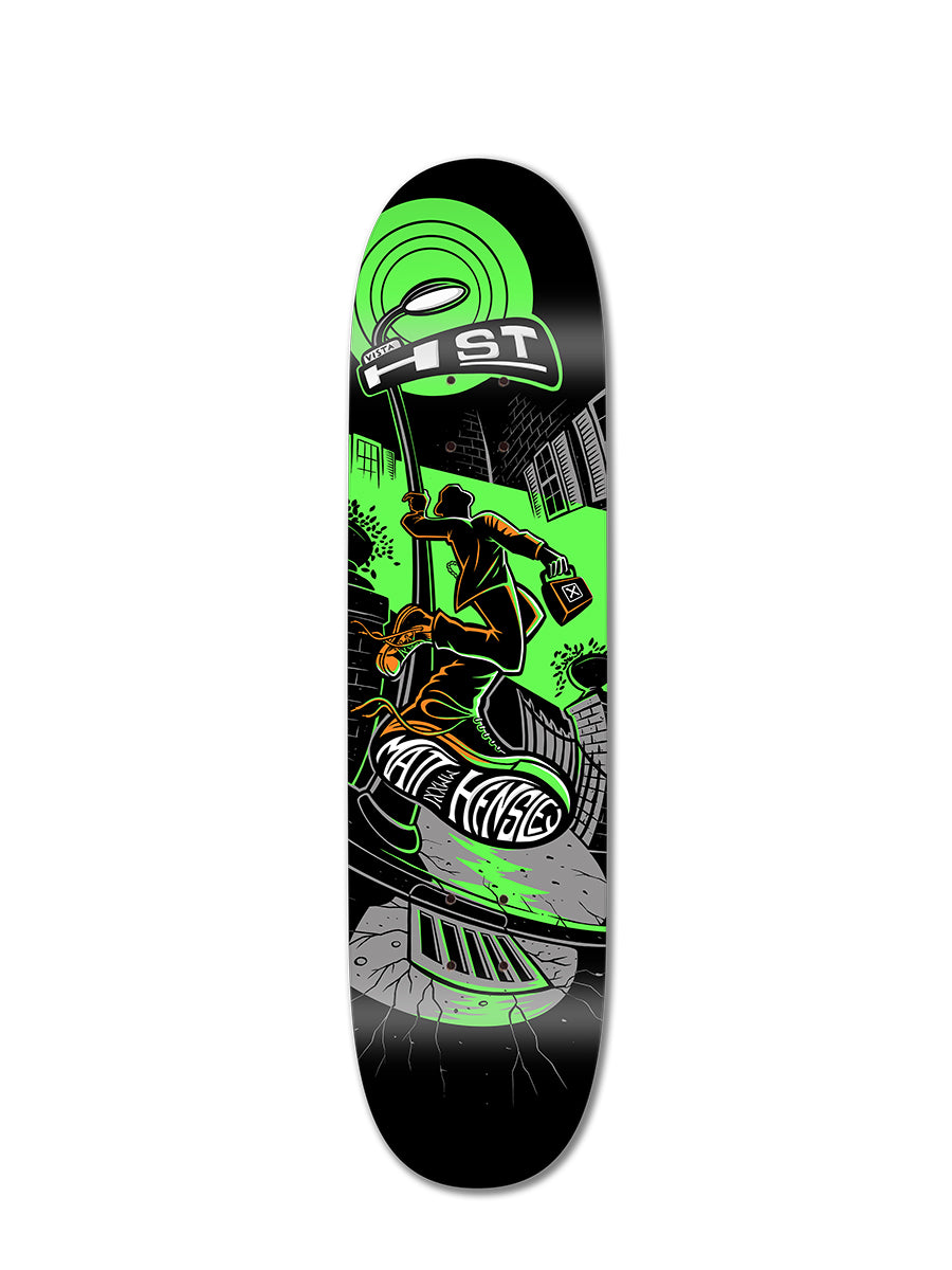 The HENSLEY X BARON STREETSWINGER deck by Perfect Skateboarding features neon green and black art of a skateboarder doing a trick in an urban scene, with bold "1st" and "Hate Heated" lettering and the iconic Street Swinger graphic.