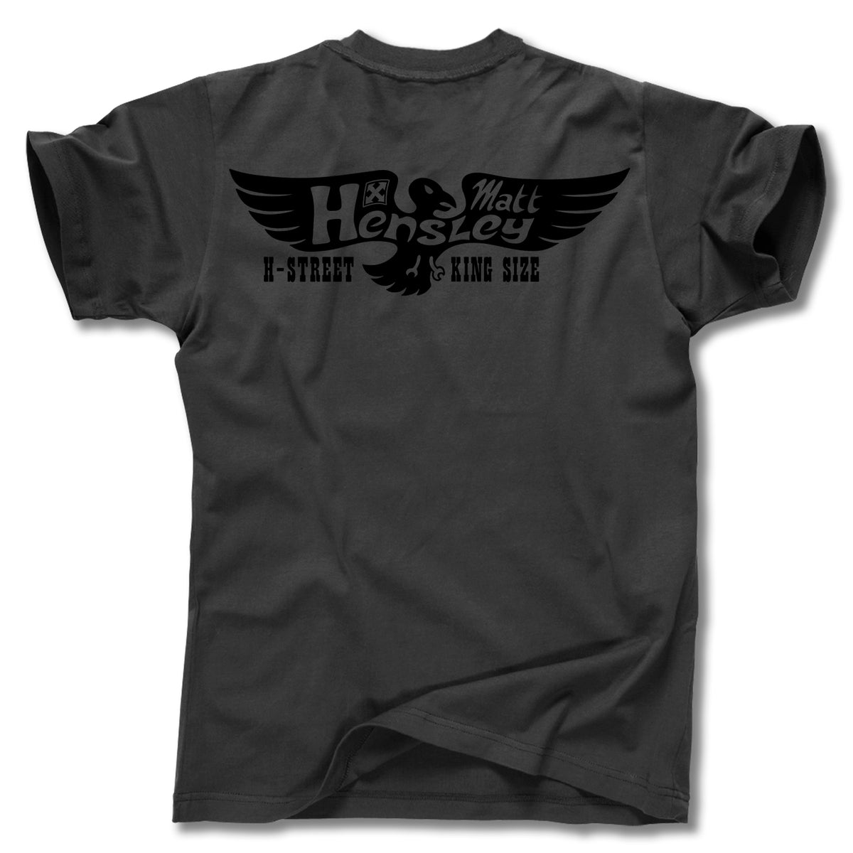 The MATT HENSLEY KINGSIZE NEW EAGLE TEE by Minuteman is a black men’s t-shirt with a bold eagle graphic and "Matt Hensley," "H-Street," and "King Size" on the upper back—proudly made in the USA.