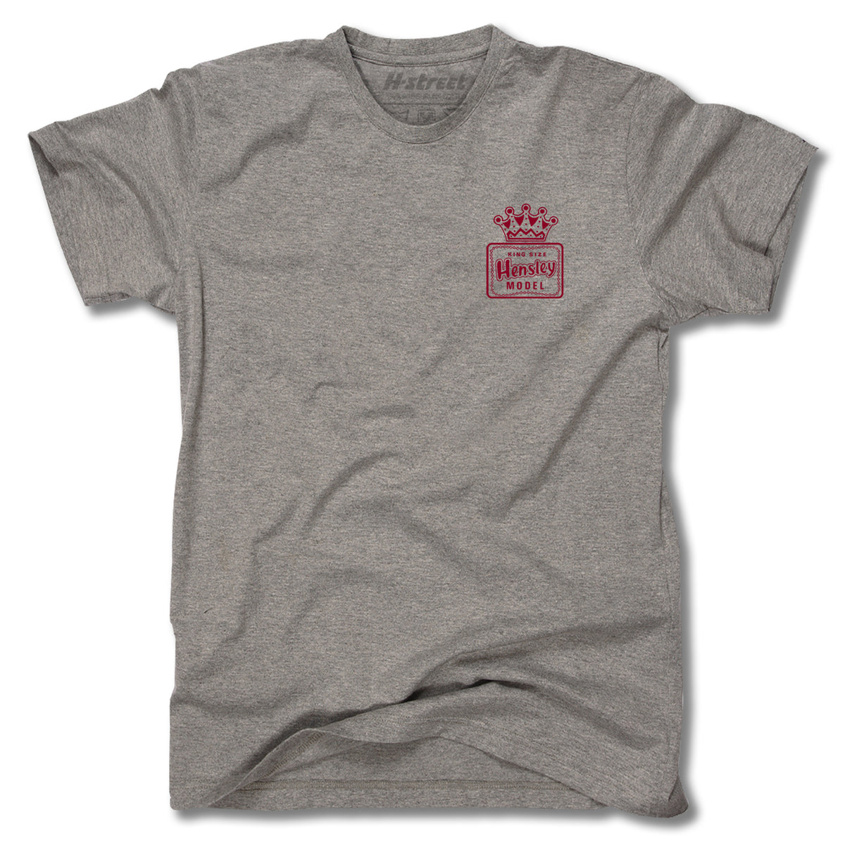 A heather gray men's MATT HENSLEY KINGSIZE NEW EAGLE TEE by Minuteman featuring a small red and white motel-inspired logo with crown graphic on the left chest, classic short sleeves, and made in the USA.