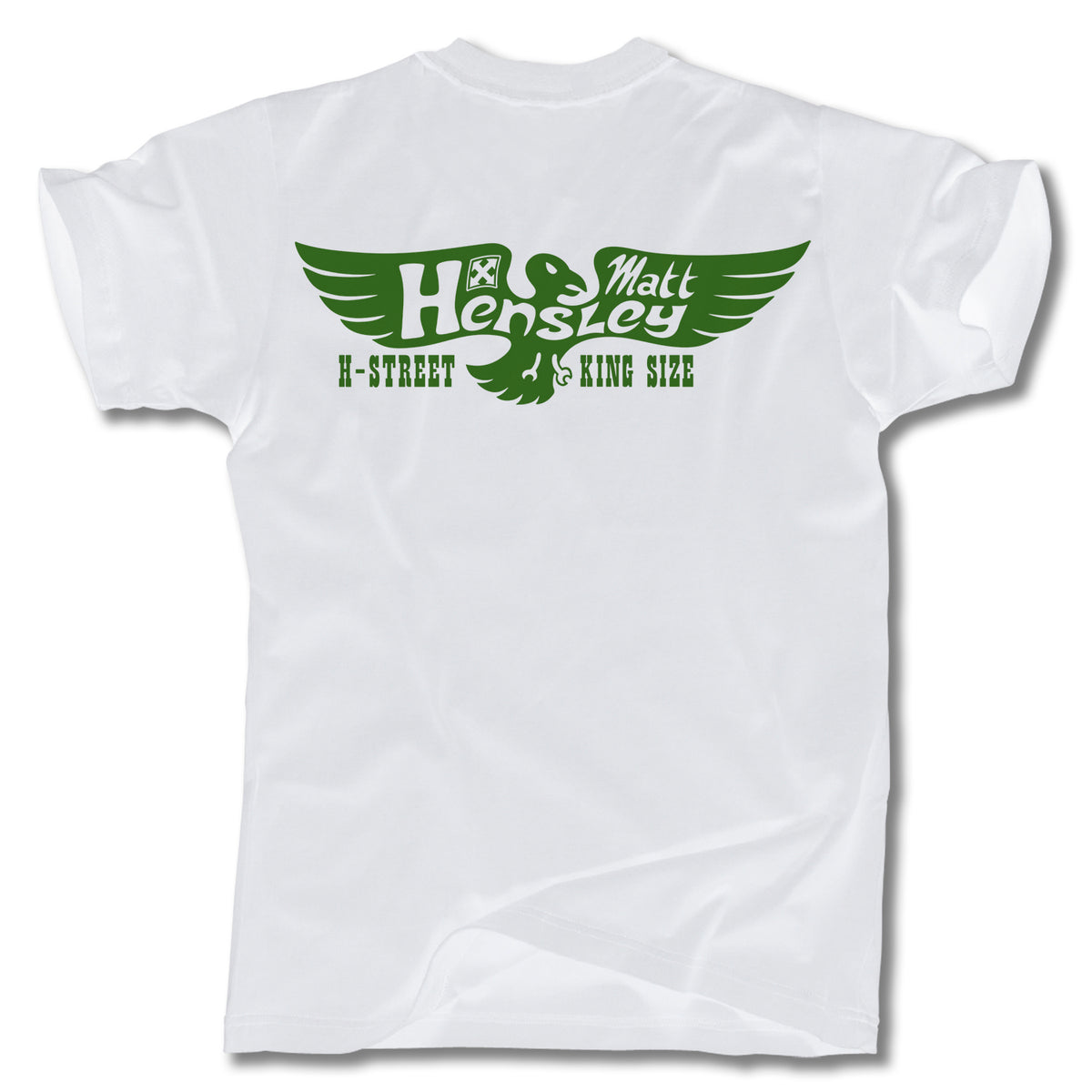 The MATT HENSLEY KINGSIZE NEW EAGLE TEE by Minuteman is a white men's tee with green graphic text and a stylized eagle on the back, made in the USA—a standout printed t-shirt.