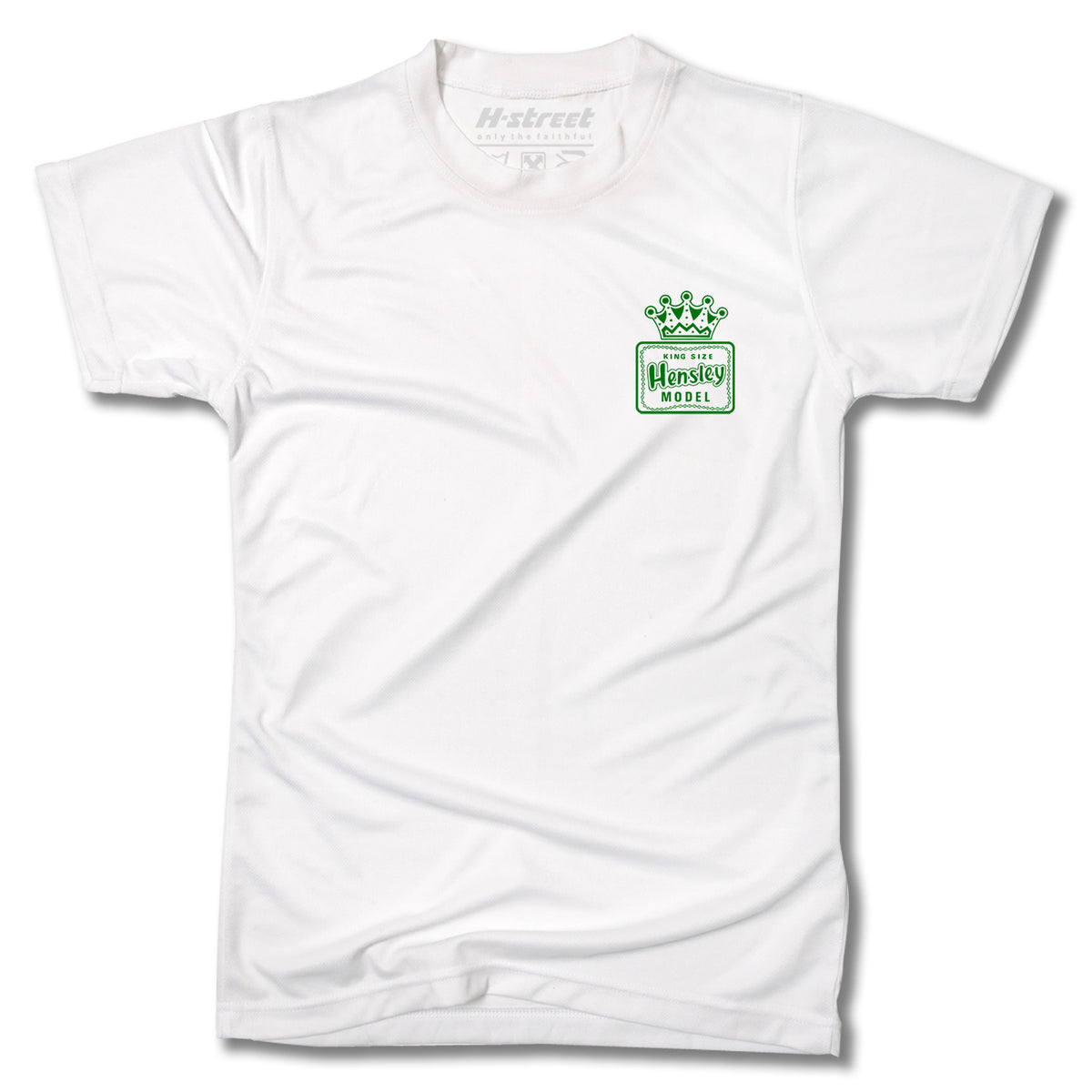 The Minuteman MATT HENSLEY KINGSIZE NEW EAGLE TEE is a white men's t-shirt with a small green and white crest logo and "H-Street Hensley Model" text, inspired by the classic Hensley Kingsize Eagle design.