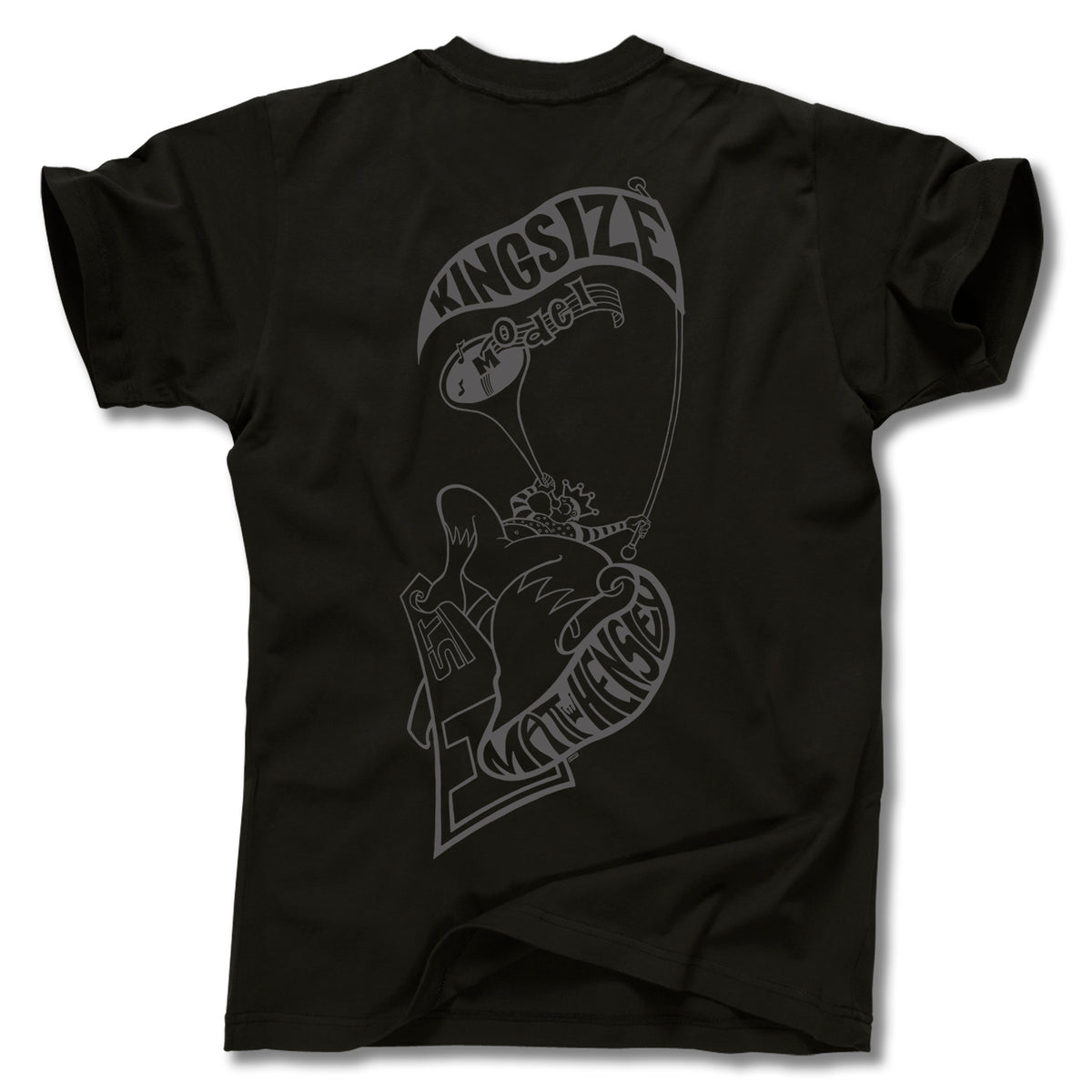 The Minuteman MATT HENSLEY KINGSIZE HORNBLOWER TEE is a black shirt with bold back graphics: a stylized hand holding a balloon reading “KINGSIZE” and “WITH THE KING” across the palm—a standout graphic tee.