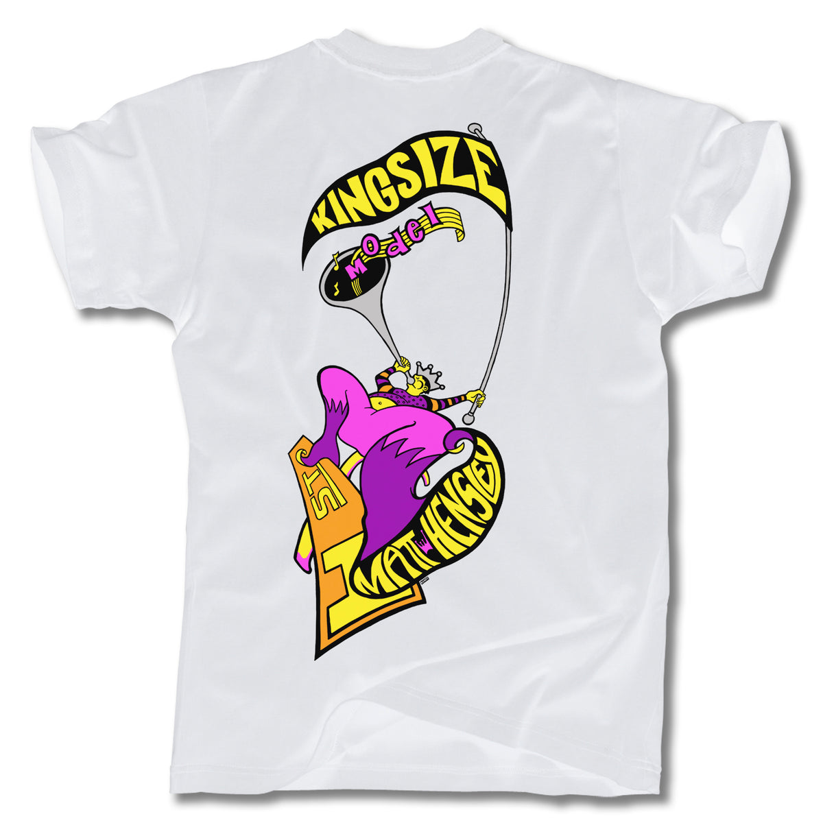 The Minuteman MATT HENSLEY KINGSIZE HORNBLOWER TEE features a bold back print of a purple character parachuting with a yellow and black "KINGSIZE" and "mathieu" parachute—a standout, eye-catching graphic white tee.