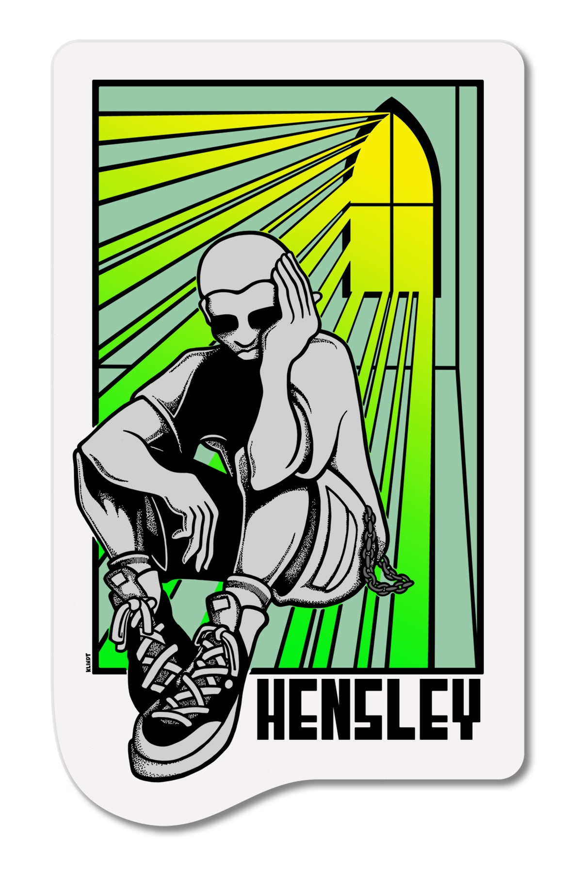 The MATT HENSLEY STAINED GLASS DECAL by Inkgenda features a stylized figure seated with head in hand, illuminated by green and yellow rays through an arched stained-glass window, with "HENSLEY" boldly beneath.
