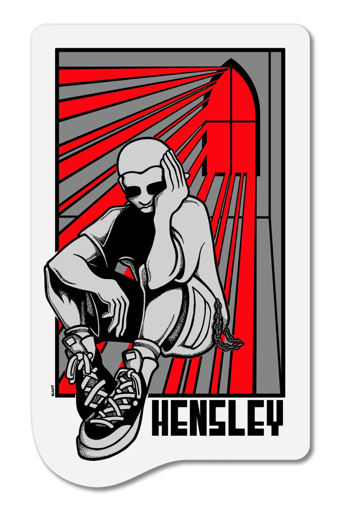 The Inkgenda MATT HENSLEY STAINED GLASS DECAL features a stylized black and white figure crouched with head on hand, set against bold red and gray lines radiating from a pointed arch, with "HENSLEY" below in 80’s style.