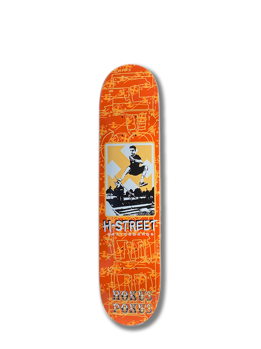 The Perfect Skateboarding HOKUS POKUS STREET deck features orange maple wood, white abstract graphics, a black-and-white skateboarder photo mid-jump, and bold H-STREET and HOCUS POCUS text.