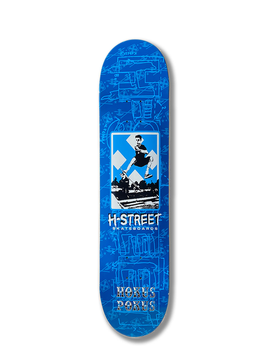 A blue maple deck by Perfect Skateboarding, the HOKUS POKUS STREET, features a skateboarder mid-jump graphic with "H-Street Skateboards" and "Hokus Pokus" text, plus lighter blue skateboarding scene outlines in the background.