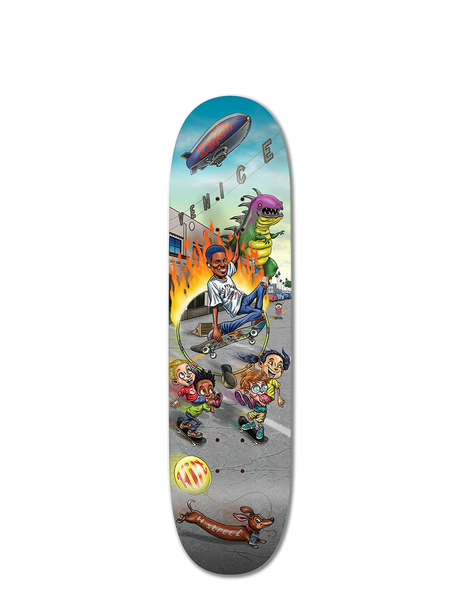 The ISIAH HILT PRO MODEL STANDARD POP SHAPE by Perfect Skateboarding features a colorful deck with cartoon art: Isiah Hilt at Venice Beach, a skateboarding shark, giant lizard, burning police building, two kids running, blimp, and hot dog on wheels.
