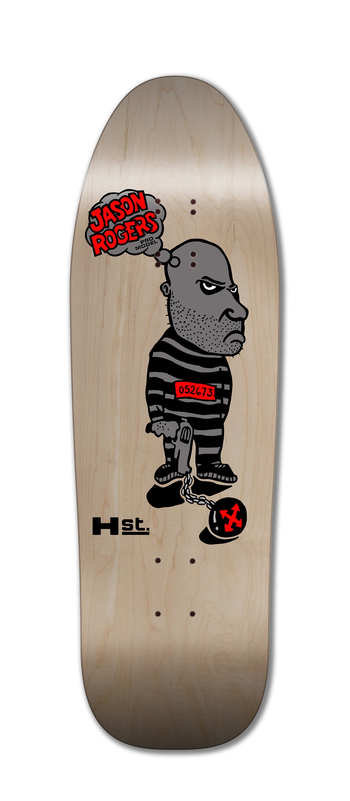 The Legend Skates JASON ROGERS BALL&CHAIN deck features a cartoon of an angry, bald prisoner in black-and-white stripes with a red tag and broken chain, “Jason Rogers” in red at the top left, and various logos below.