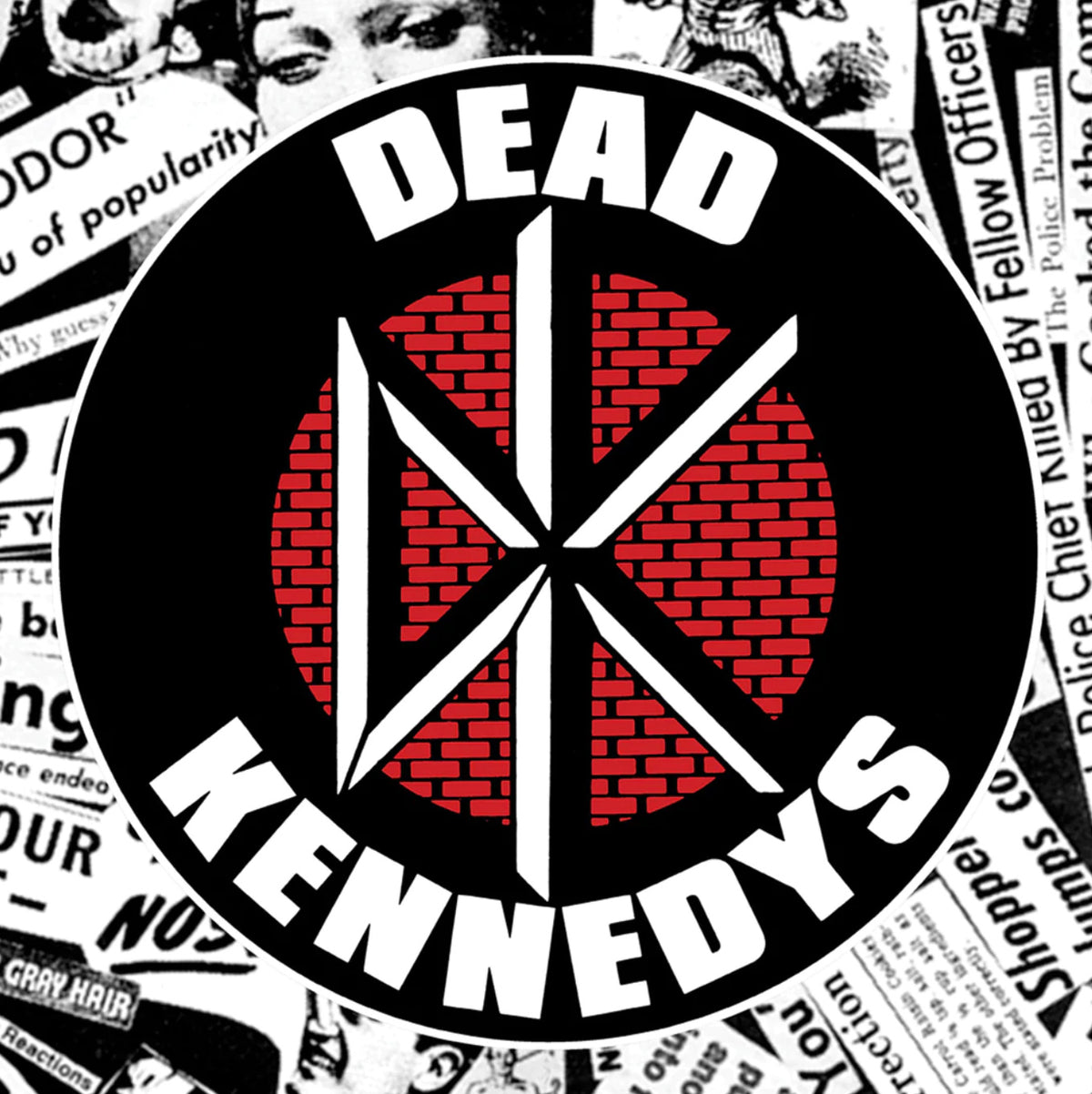 The KINGSTON UNION MFG THE WINO - DEAD KENNEDYS shoe features a circular Dead Kennedys logo with white text on black, a stylized DK over red bricks, all atop a collage of black-and-white newspaper clippings.