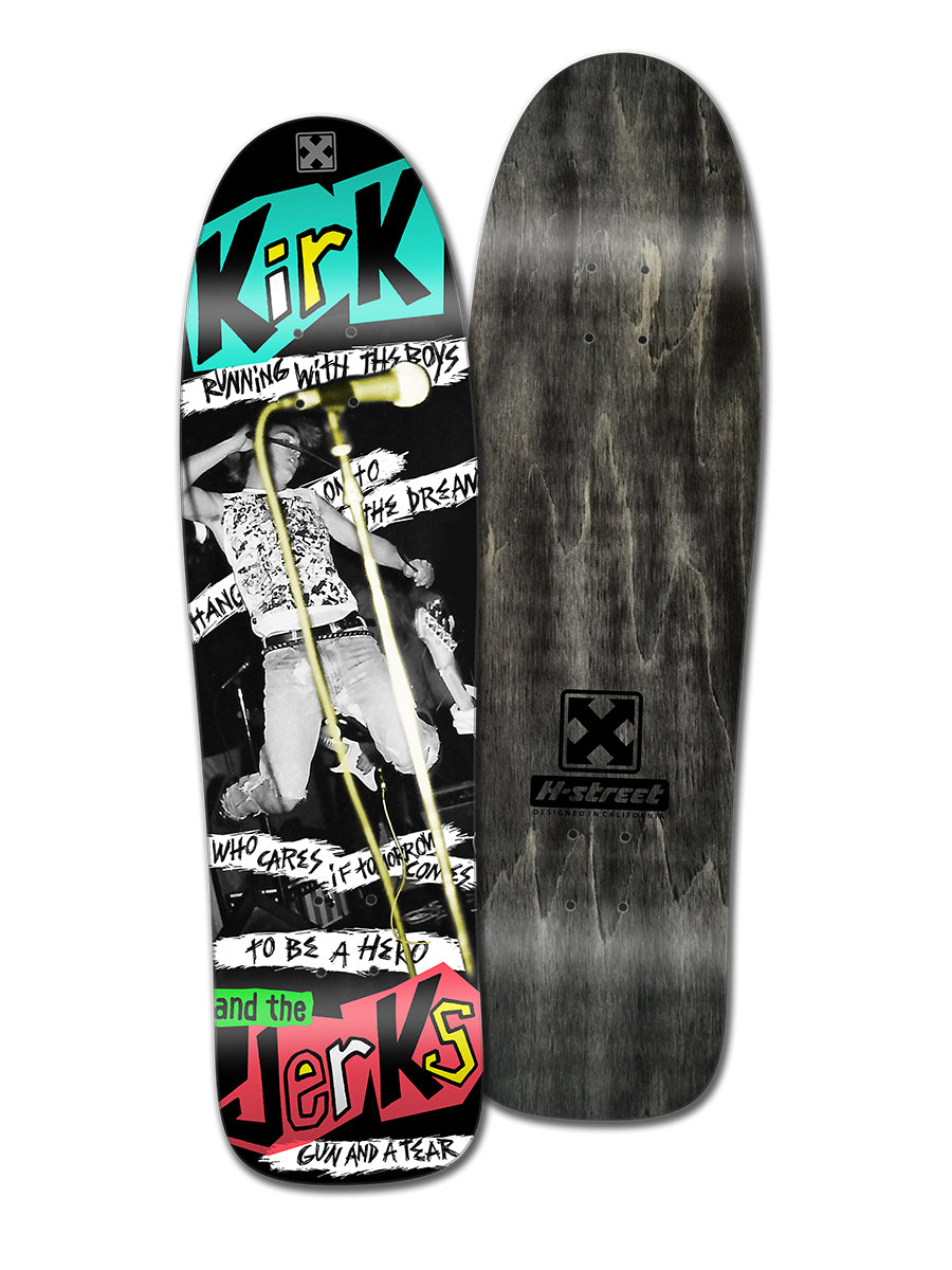 The Legend Skates KIRK & THE JERKS SPECIAL EDITION PACKAGE includes two decks: one with a vibrant punk design and band imagery, the other plain with wood grain and a small H-Street logo.