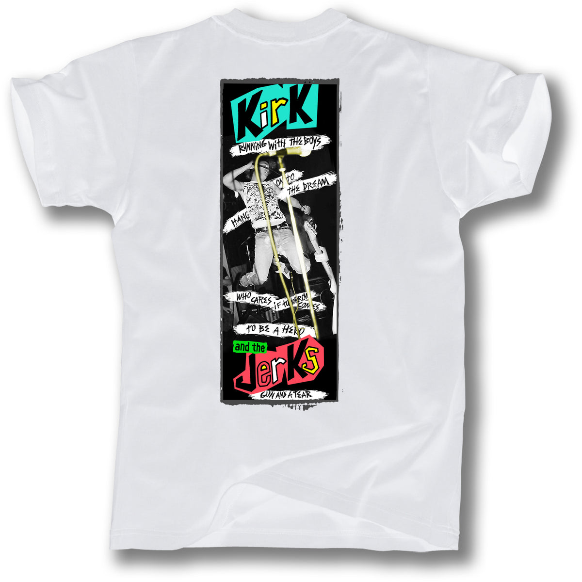 The Minuteman KIRK & THE JERKS SPECIAL EDITION TEE is a white shirt with a colorful, rectangular graphic of black-and-white images and bold text on the back—a must-have for fans of this iconic garage rock band.