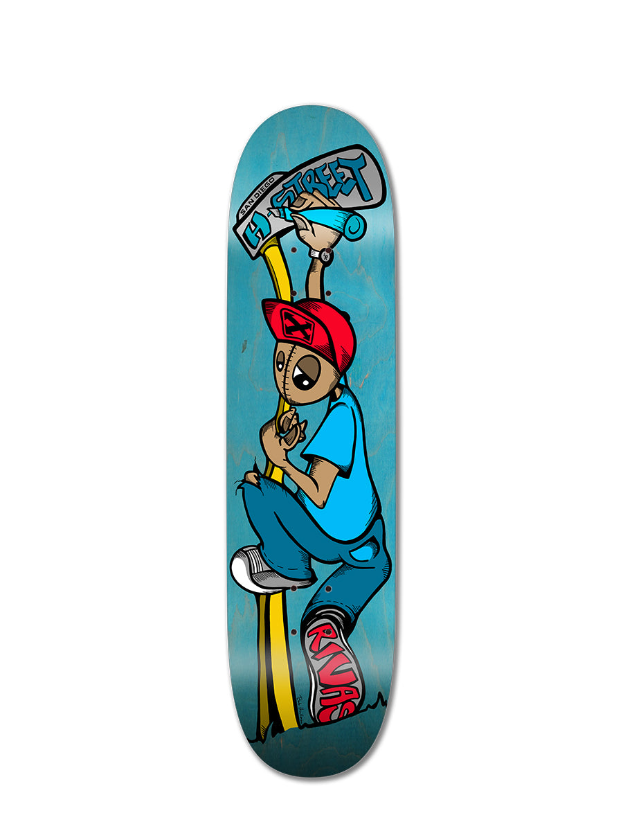 The LENNY RIVAS SWINGER PRO MODEL by Perfect Skateboarding features cartoon art of a character in a red cap, blue shirt, and jeans on a yellow streak with graffiti text over a blue background—ideal for street skating and custom grip tape.