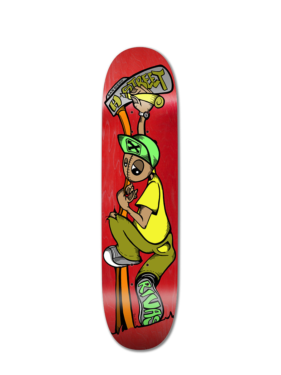The LENNY RIVAS SWINGER PRO MODEL by Perfect Skateboarding is a red skateboard deck with a cartoon in a green hat, sneakers, yellow shirt, and olive pants holding a mic. Features orange streaks, "STREET" graffiti, and street skating vibes.