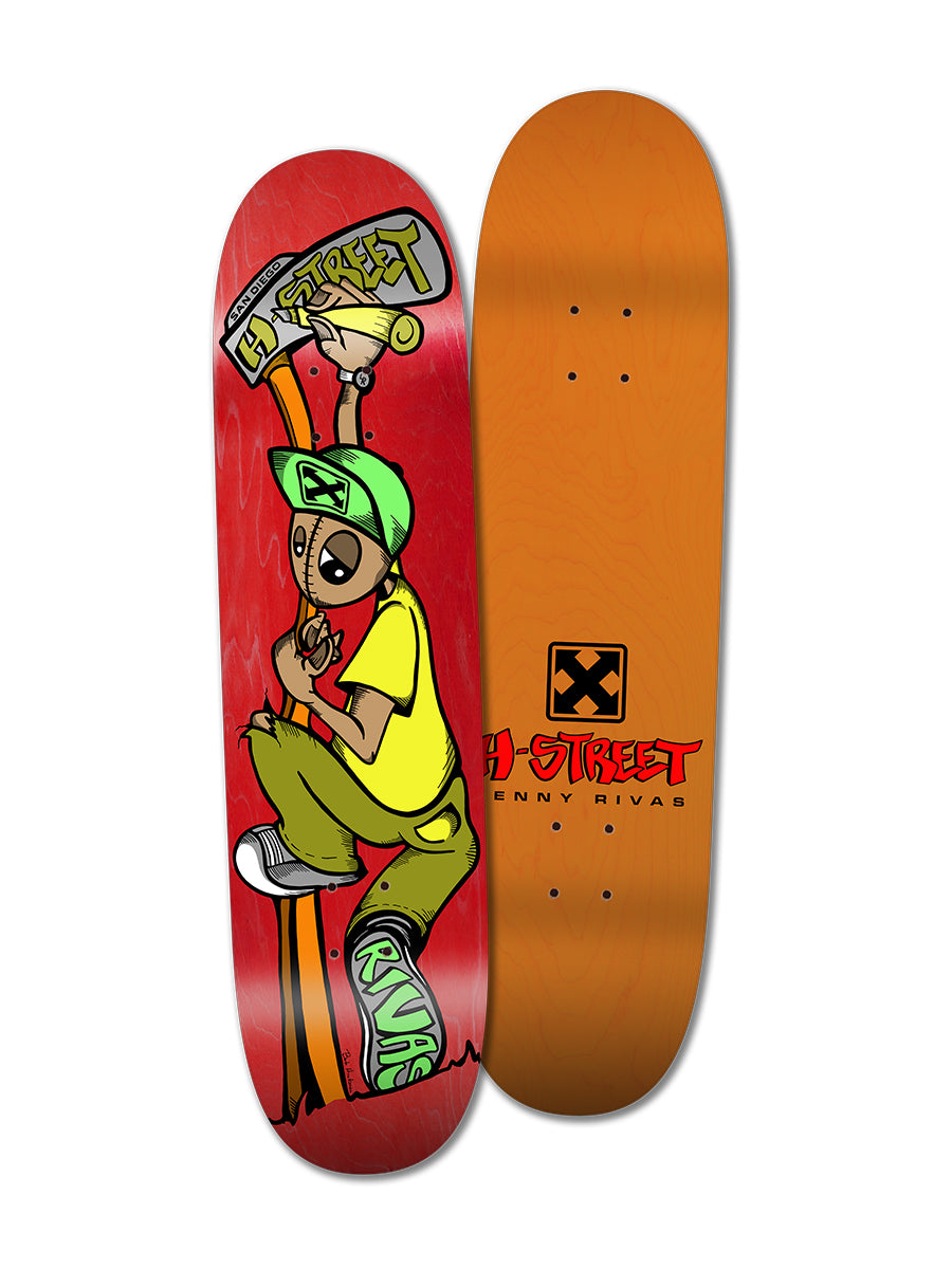 Two skateboard decks: one has a cartoon character with cap, headphones, green sneakers, and custom grip tape on a red background; the other is Perfect Skateboarding’s LENNY RIVAS SWINGER PRO MODEL in plain orange with logo and text.