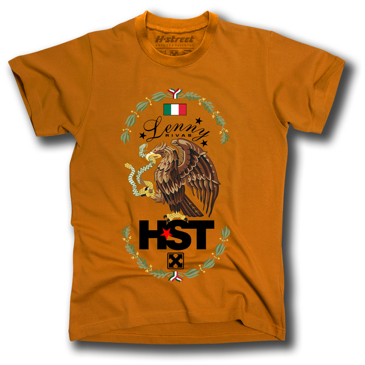 The Minuteman LENNY RIVAS MX FLAG T-SHIRT is an orange tee with an eagle and snake, MX Flag graphic, laurel wreath, Italian flag, and Lenny Rivera above bold HST letters—ideal for fans of custom griptape and Lenster Grip style.