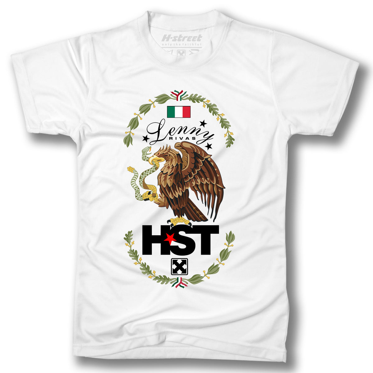 The Minuteman LENNY RIVAS MX FLAG T-SHIRT is a white tee with a bold eagle and snake graphic, laurel branches in Italian colors, and “Lenny Rivano,” “Lenster Grip,” “HST,” plus a red star.
