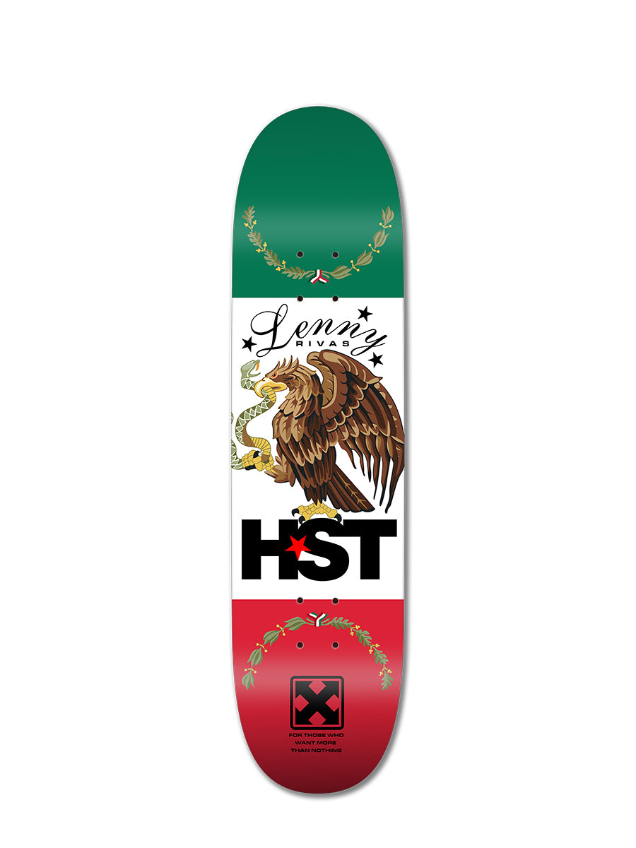 The LENNY RIVAS MX FLAG MODEL skateboard deck by Perfect Skateboarding features an eagle, snake, cactus, laurel branches, and bold black HST text with a red star in the S—great to pair with Lenster Grip custom grip tape.