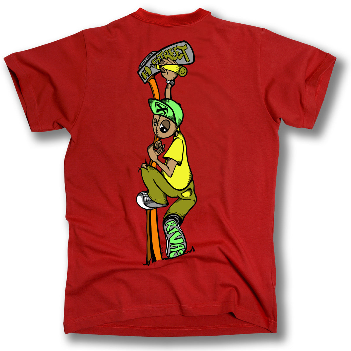 The Minuteman LENNY RIVAS SWINGER T-SHIRT is a red tee featuring a cartoon character in a green cap and yellow shirt, eating an apple while squatting on one skateboard and holding another with "STREET" and "RUNS" on the boards.