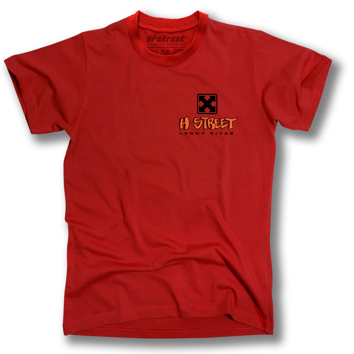 The LENNY RIVAS SWINGER T-SHIRT by Minuteman features a red design with the H-Street logo and “H-Street Lenny Rivas” text in black and orange on the left chest—ideal for fans of Lenster Grip or custom griptape style.